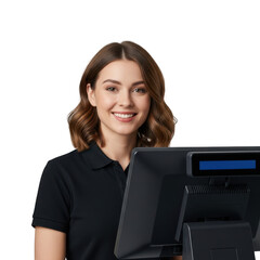 Smiling woman working at a cash register isolated on transparent background