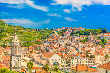 Photo of the charming old town of Hvar showing stone streets, traditional Mediterranean houses, historic architecture, the main square and cultural heritage  in Croatia