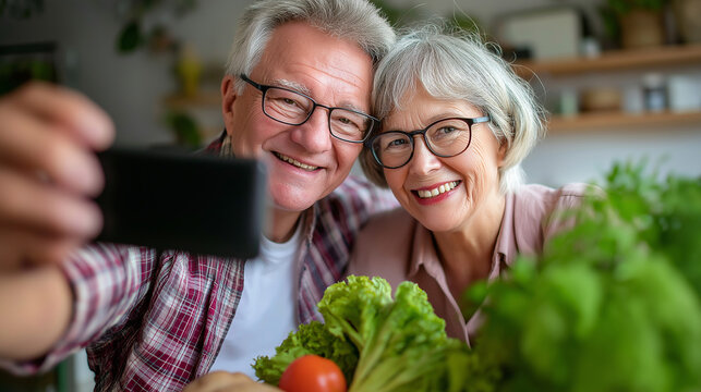 Portrait of a senior mature couple having a healthy breakfast and taking making a selfie with a smart phone mobile phone in the morning at home, under soft morning light highlighti