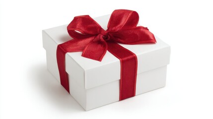 Obraz premium A bright white gift box tied with a red ribbon and bow is placed on a plain background. This box is perfect for birthdays holidays or events.