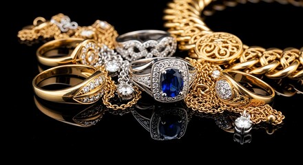 Gold and silver jewelry assortment on black surface