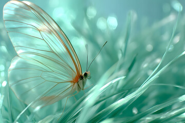 Butterfly's Delicate Embrace: A stunning butterfly, its wings of ethereal transparency, delicately rests amidst vibrant blades of grass.