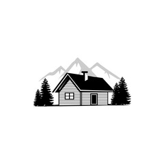 A black and white illustration of a rustic cabin nestled among pine trees with mountains in the background.