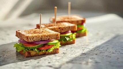 four slices of veggie sandwiches on a light-colored countertop, Healthy vegan food and snack concept, created wth generative ai - Powered by Adobe