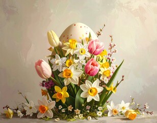 A painted egg adorned with a vibrant bouquet of spring blooms, including daffodils and tulips, sits on a surface