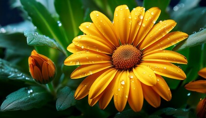 Close Up Photo Of A Vibrant Yellow African Daisy With Glistening Water Droplets And Emerald Green Leaves