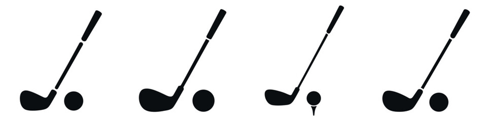 Golf Club and Ball Icon Set – Sport Equipment Silhouette Collection, Vector Illustration of Golf Sticks, Balls, and Tee for Tournament, Training, Outdoor Game, and Athlete Design