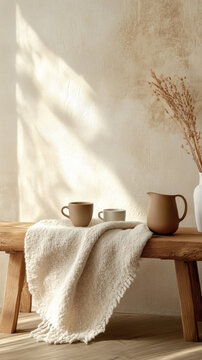 Low oak bench with alpaca throw, ceramic carafe, and rain bokeh