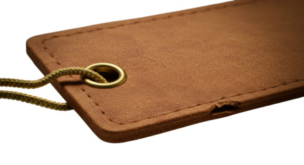 Extreme macro of a caramel-brown worn leather tag with braided golden cord, pulled taut, revealing supple depth, on a transparent background. Concept of exquisite craftsmanship and luxurious quality