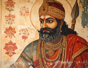 A painted portrait depicts a man in royal attire. He has a beard, ornate jewelry, a crown and spear. The background has floral designs