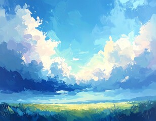 A painting of a vast sky filled with puffy clouds over a field of tall grass with shades of blue, yellow, and green