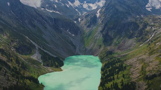 Aerial view Summer Landscape beautiful mountains Altai with Upper Multinskoye lake.