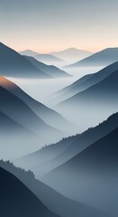 Misty Mountain Valley at Dawn with Layers of Fog and Peaks.