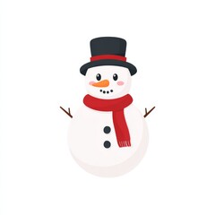 Cheerful Snowman with a Black Top Hat and Red Scarf, Portraying the Joy of Winter Holidays and the Fun of Building Snow Figures in the Cold Season