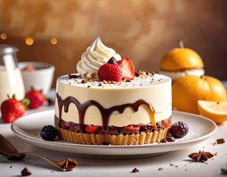 Celebrate National Dessert Day With a Delicious Layered Cake Topped With Fruit and Chocolate - Powered by Adobe