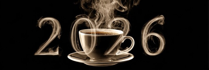 A coffee cup emits steam that shapes the numbers 2026, creating a warm and inviting atmosphere. The dark background enhances the contrast and focus.
