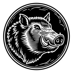 Black and white illustration of a round boar's head logo. Vector graphics. EPS_02.