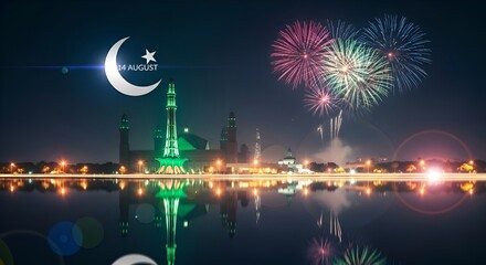Lahore Skyline at Night with Fireworks for Pakistan Independence Day