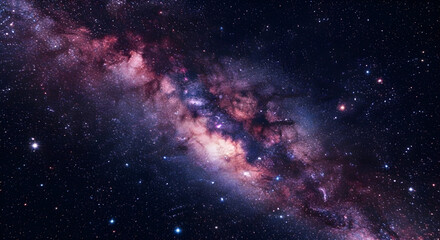 Fototapeta premium Vibrant Milky Way Galaxy with Colorful Nebulae and Stars in the Dark Night Sky, Deep Space Astrophotography