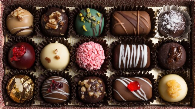 A collection of assorted gourmet chocolates arranged in an elegant box showcasing rich textures and vibrant colors. Each piece offers a unique flavor experience perfect for gifting or indulgence.