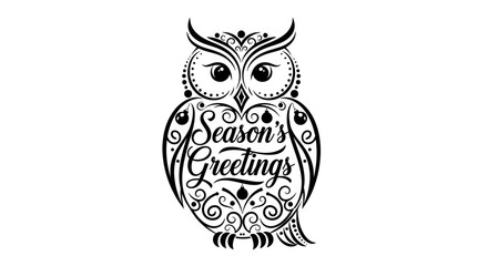 Intricate black and white ornamental owl with Seasons Greetings typography.