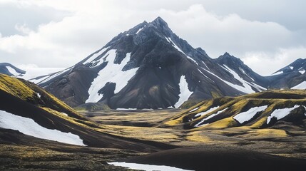Stunning scenic landscape featuring volcanic cones surrounded by snow capped bases