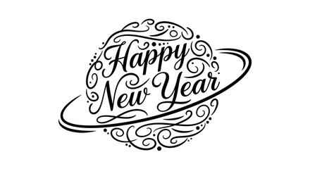 Elegant Happy New Year Typography Design with Swirls and Planetary Ring.