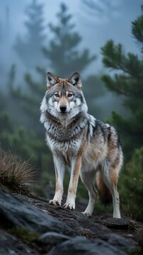 Majestic coywolf standing on rocky hill under soft twilight mountain sky