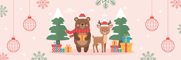 Christmas Banner with Reindeer and Bear Holding Gifts on Pink Background. Adorable Christmas banner with reindeer, bear and hanging ornaments on soft pink background.