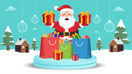 Christmas Sale Banner with Santa Claus and Shopping Bags. Festive Christmas sale banner showing Santa Claus with shopping bags and gifts. perfect for marketing campaigns, social media promotions.