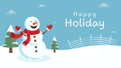 Happy Holiday Background banner with Snowman and Pine Trees. Cheerful Happy Holiday background featuring snowman and trees in snowy landscape. great for seasonal cards, Christmas greetings.