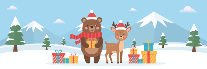 Christmas Banner with Reindeer and Bear in Snowy Mountains. Playful Christmas banner featuring reindeer and bear with gifts in snowy mountains. ideal for kids Christmas designs, festive greetings.