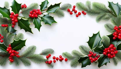 Christmas Holly Border With Red Berries And Green Leaves