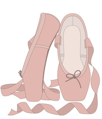 dance ballet, pair of ballet shoes or slippers, standing with flowing ribbons isolated on a white background
