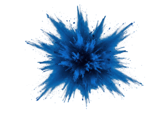 Dynamic explosion of electric blue pigment powder, dense ultramarine core, shimmering fragments, soft plumes, macro close-up on transparent, scientific beauty concept