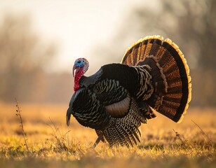 A majestic male bird, lit by the golden hour, struts across a field, showcasing its impressive plumage and vibrant colors