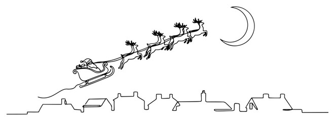 One continuous line drawing of Santa Claus flying in sleigh with reindeer over city rooftops.