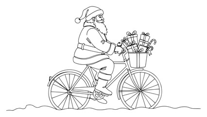 Obraz premium One continuous line drawing of Santa Claus riding a bicycle with a basket full of gifts.