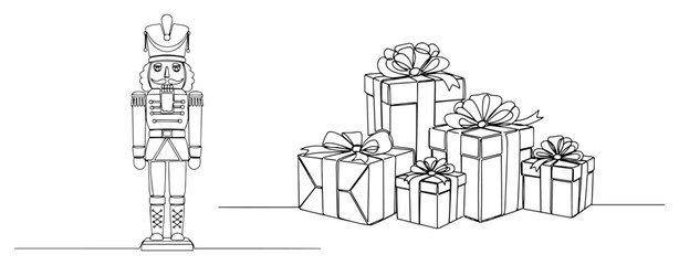 Obraz premium Nutcracker and Christmas gift boxes minimalist line art vector