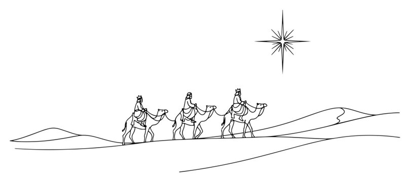 One continuous line drawing of the Three Wise Men. Nativity scene with magi on camels vector illustration.