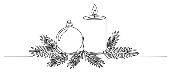 Christmas candle and bauble continuous line border — black vector holiday divider with fir branches