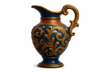 Ornate antique style ceramic pitcher with intricate gold baroque scrolling patterns on a deep blue background