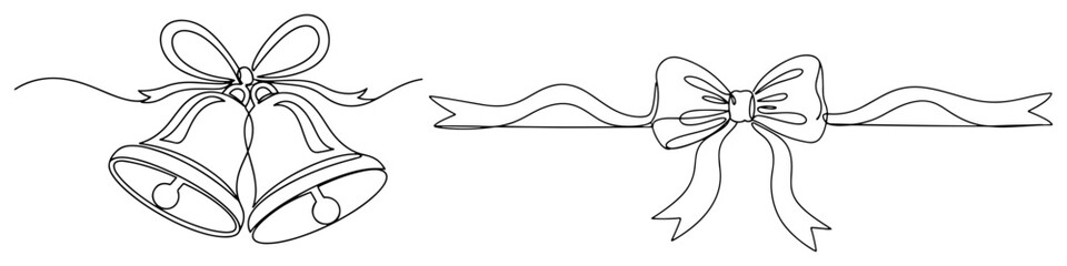 One continuous line drawing of Christmas jingle bells and ribbon. Holiday decoration vector illustration.