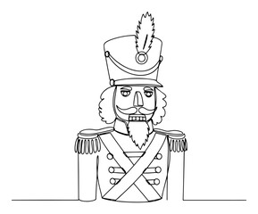 One continuous line drawing of a Christmas nutcracker toy soldier. Holiday character vector illustration.