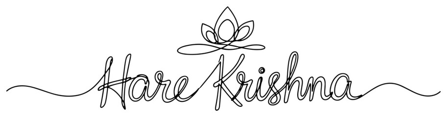 One continuous line drawing of Hare Krishna mantra lettering with a lotus flower.