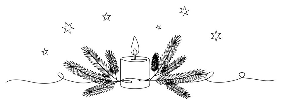 One continuous line drawing of a Christmas Advent candle. Winter decoration with fir branches and stars vector illustration.