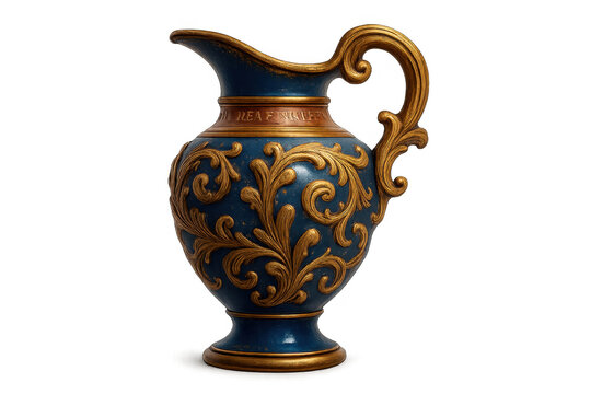 Ornate antique style ceramic pitcher with intricate gold baroque scrolling patterns on a deep blue background
