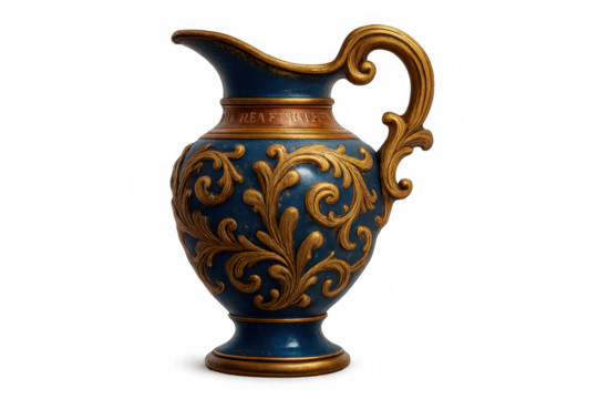 Ornate antique style ceramic pitcher with intricate gold baroque scrolling patterns on a deep blue background