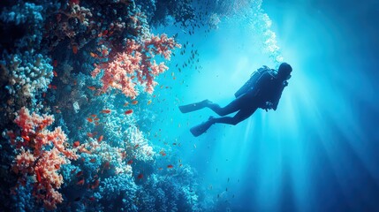 Fototapeta premium A scuba diver glides through rays of sunlight beside a vibrant coral wall teeming with life.