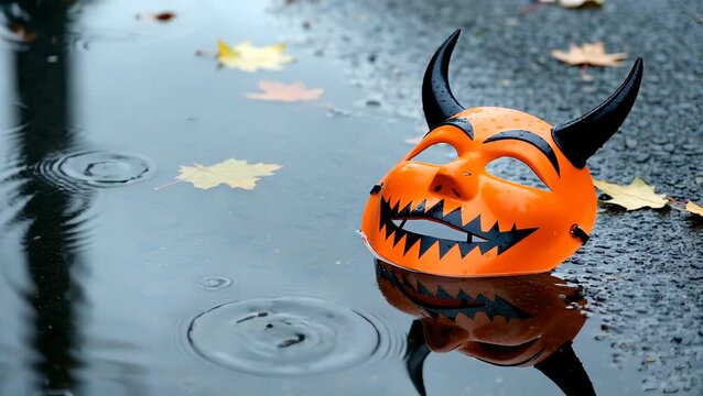 Halloween Devil Mask in Puddle with Autumn Leaves